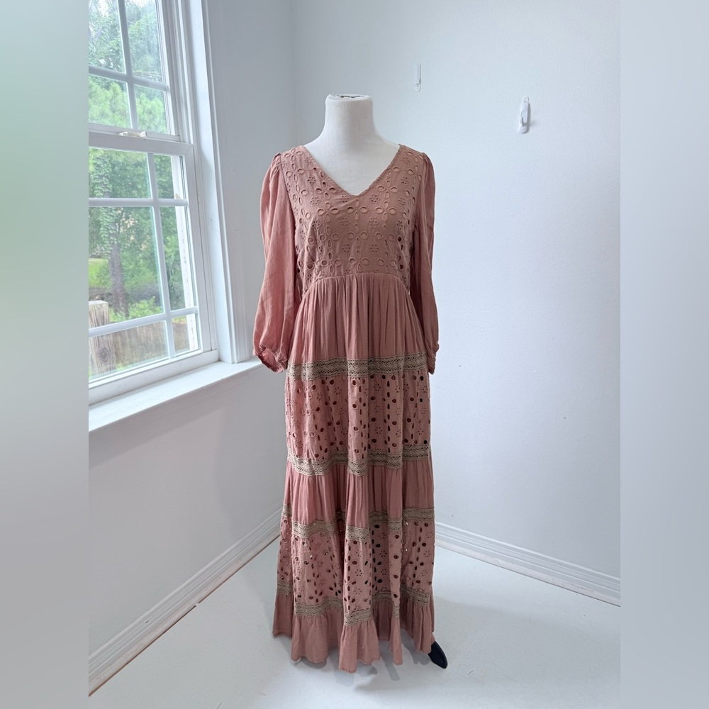 Listicle Pink Ruched Tiered Gown with Bishop Sleeves